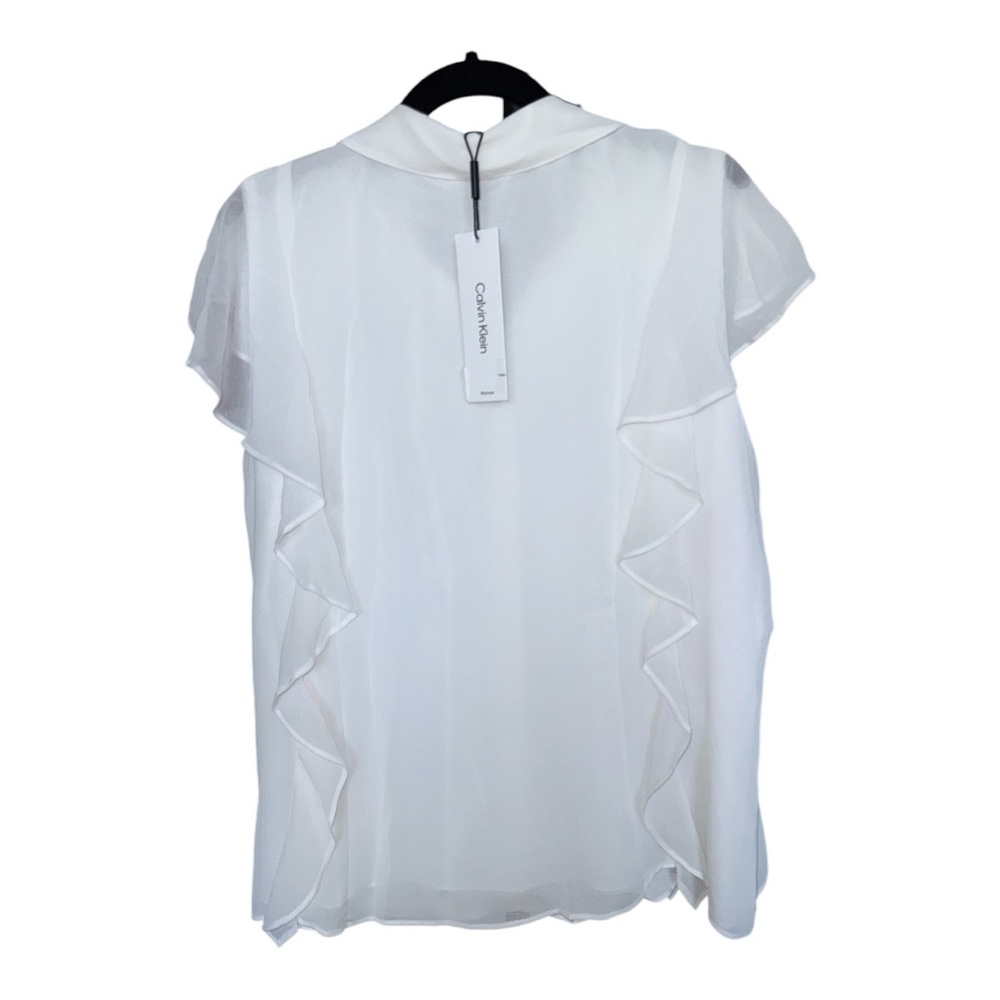 Calvin Klein Women's White Ruffle Flutter Sleeve Button Up Shirt Top - Picture 3 of 4